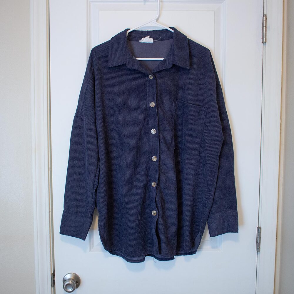L Corduroy Shacket Jacket Button Up Shirt with Pocket Casual Heyson Navy Blue